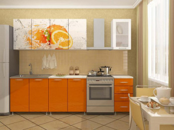 Кухонный гарнитур 1,6м Апельсин (Белый/Оранжевый металлик/Фотопечать апельсин) в Нюрбе - nyurba.mebel54.com | фото
